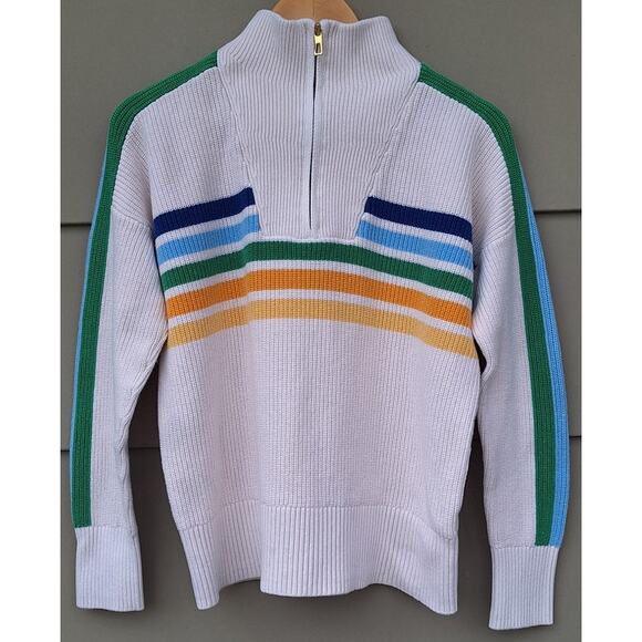 Lands' End Sweaters - Land's End Women's Drifter 1/4 Zip 100% Cotton Striped Sweater Cream Rainbow S